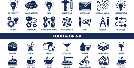 Comprehensive Dark Blue Flat Icon Set Featuring Creative Innovation Concepts and a Wide Variety of Food and Drink Menu Illustrations © Abu