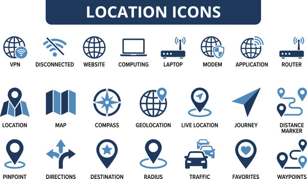 Comprehensive Blue Vector Icon Set for Navigation and Connectivity Featuring Location Map Pinpoints GPS Tracking VPN and Wireless Networking Symbols