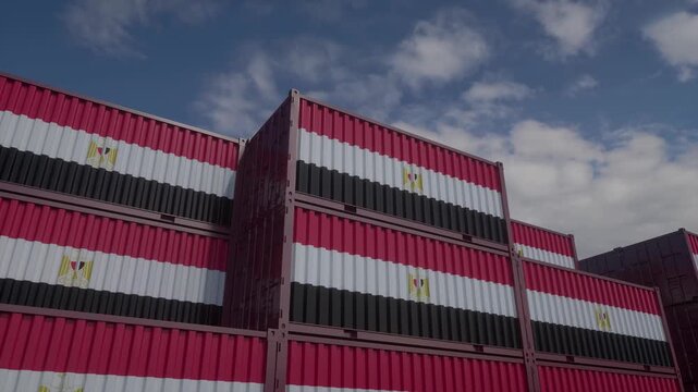 Stacked Shipping Containers Adorned with the Egyptian Flag Symbolizing International Trade and Global Logistics