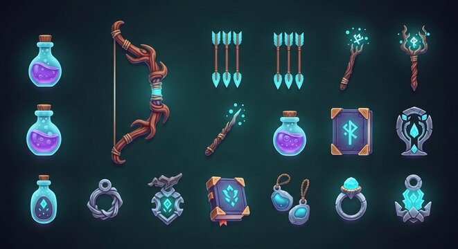 Glowing fantasy icons and magical items.