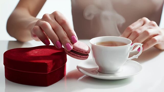 A person holds a colorful macaron while a cup of tea sits beside a heart-shaped box, creating a scene of indulgence and sweetness.