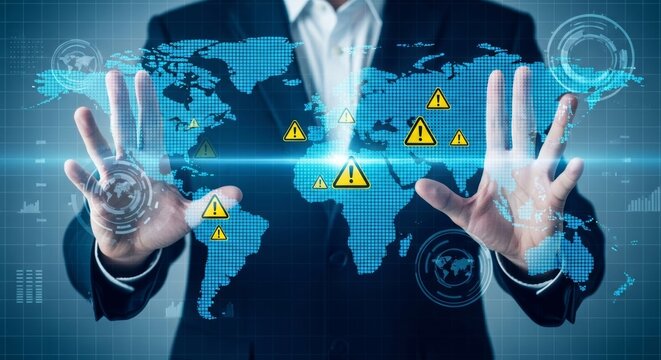 Corporate businessman interacting with digital hologram interface. Global earth map project international risk warning triangle icons for economic crisis analysis and trade war tension assessment.