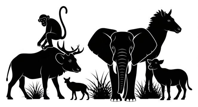 Silhouettes of various African animals in a group.