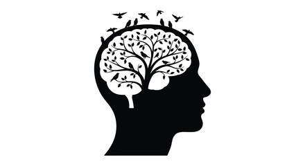 human head silhouette with tree and birds inside silhouette high quality professional detailed modern elegant stylish clean crisp vibrant colorful digital © GDOthoi02