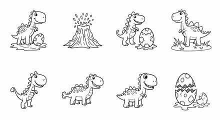 Naklejka premium Dinosaur icons, cute cartoon dinosaurs, 8 prehistoric creatures, black and white vector illustrations, educational and decorative set