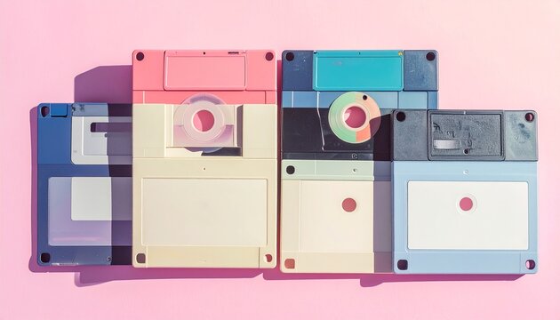 Vintage computer storage devices on pink.