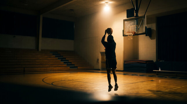 Silhouette of a lone basketball player practicing a shot in a dimly lit gymnasium under spotlight