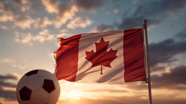 soccer ball with canadian flag at sunset &ndash; concept for world cup and mls