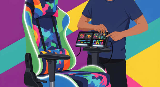 gamer sitting in colorful chair with controller