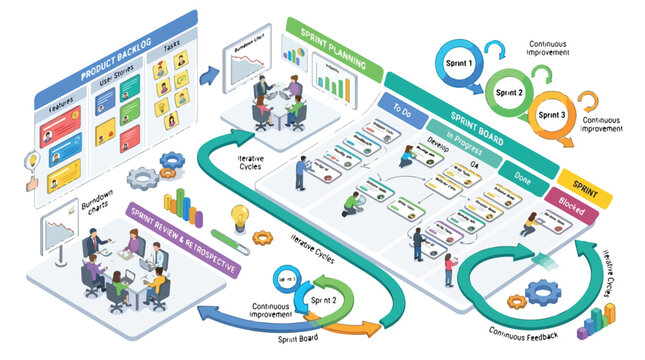 Isometric Agile Scrum Workflow System Illustration for Project Management and Team Collaboration Processes