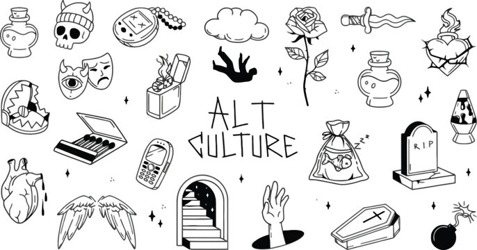 Alt culture line set featuring gothic and emo symbols on a solid black background