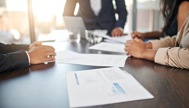 Business professionals collaborating and discussing important documents during a meeting AI Generative