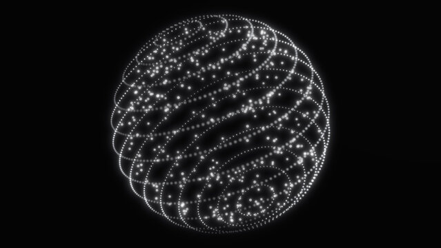 Abstract glowing white particle sphere with flowing dotted lines and digital network structure, futuristic energy orb on dark background, elegant technology visualization with seamless animated loop