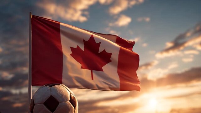soccer ball with canadian flag at sunset &ndash; concept for world cup and mls