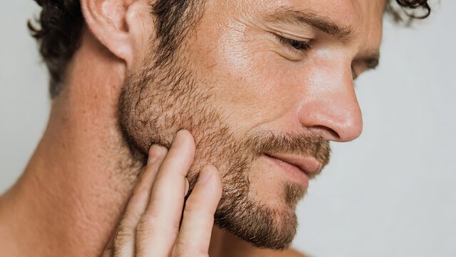 A detailed close-up profile view of an athletic male model with a light stubble beard.