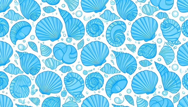 Light blue seashells and bubbles on white create a playful, summery underwater background pattern