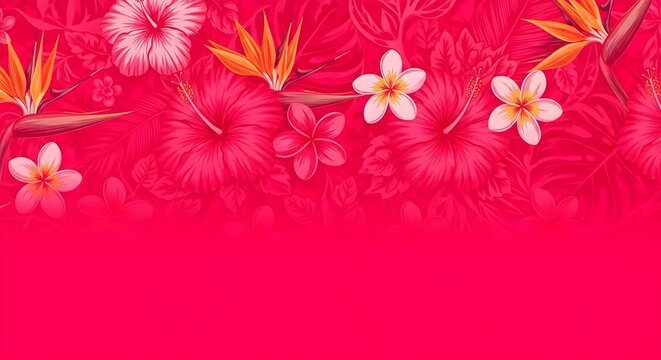 Vibrant pink floral background with tropical hibiscus flowers frangipani and bird of paradise exotic leaves.