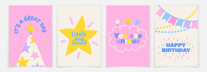 Set of postcards for children's design with motivational inscriptions. Postcards for decorating gifts or birthday greetings for children. © olhatszrv