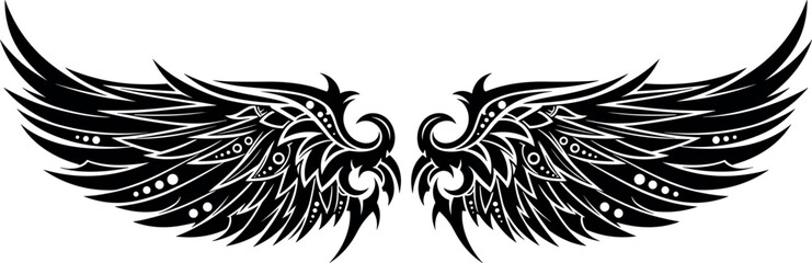 Obraz premium Black Tribal Gothic Eagle Wings Tattoo Design with Decorative Feather Details for Biker, Fantasy, and Heraldic Theme Illustrations