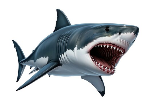 Great white shark with open maw in motion isolated on white background