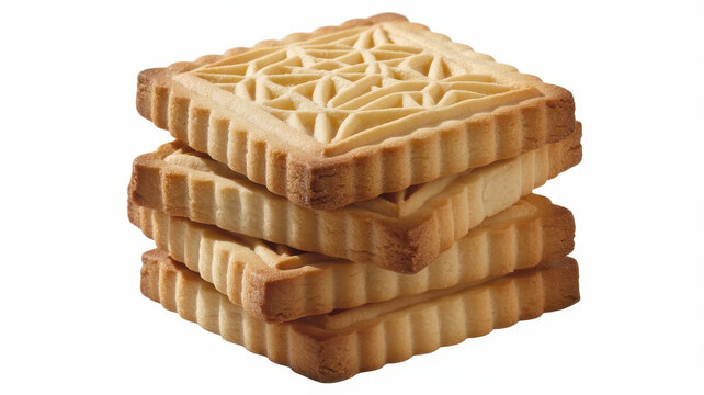 Stack of four square shortbread cookies with a geometric star pattern on a clean white background