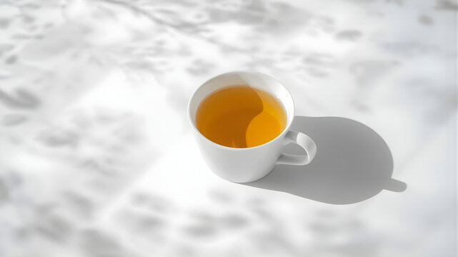 A single white ceramic cup filled with golden herbal tea resting on a textured white background
