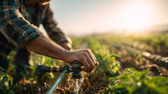 Farmer adjusting a smart irrigation control valve, focused action on hands, agricultural field blurred behind, concept of sustainable agribusiness