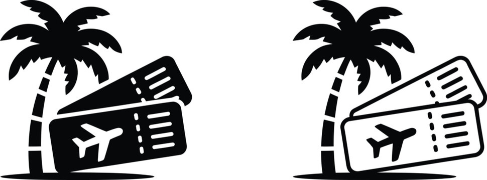 Tropical vacation flight tickets icon with palm tree and airplane