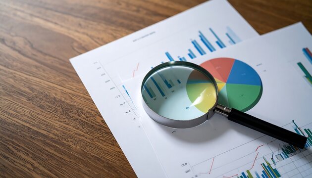 Magnifying glass rests on business reports and financial charts for thorough data analysis and market research. AI Generative