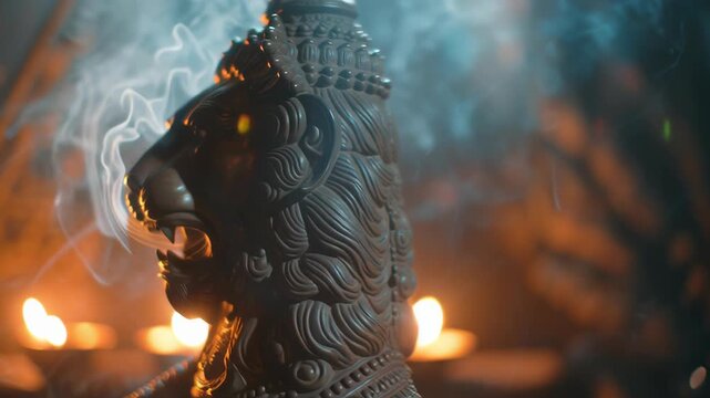 Lord Narasimha deity statue glowing with sacred incense smoke in a temple