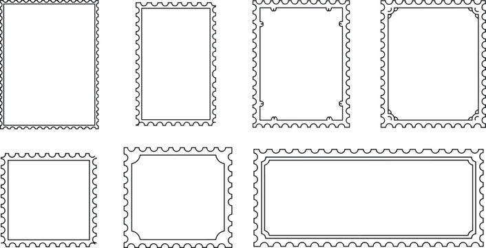 Blank Postage Stamp Frame Border Set in Various Sizes with Perforated Edge Design for Mail, Postal, and Vintage Sticker Template Designs