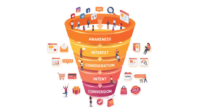 Isometric Marketing Funnel Workflow System Illustration Vector Graphic Showing Awareness to Conversion Stages