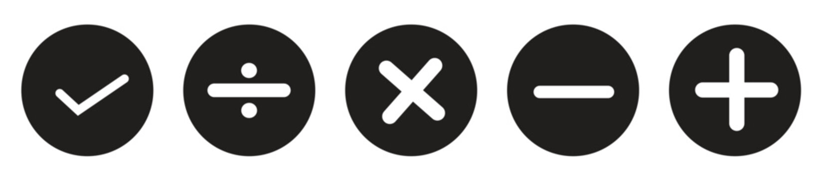 Check mark, cross, add, and remove icon in black circle. Checkmark, X, plus, and minus sign