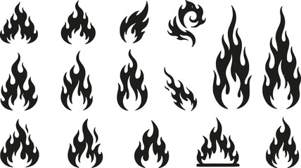 Naklejka premium Collection of various black flame shapes isolated on a white background, for use fire