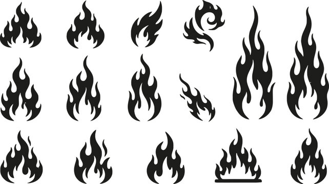 Collection of various black flame shapes isolated on a white background, for use fire