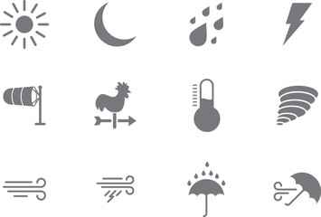 Obraz premium Weather icons silhouette collection sun moon rain wind and temperature indicators