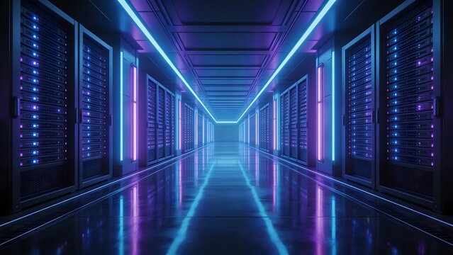Server room corridor with neon lights