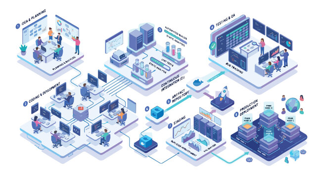 Isometric Software Development Workflow System Illustration Vector Graphic Depicting CI/CD Pipeline Stages