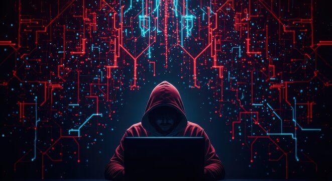Anonymous Hacker in Red Hoodie Using Laptop with Digital Network Background