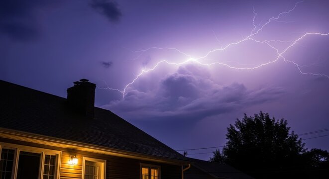 Dramatic Lightning Strike Over House Rooftop at Night