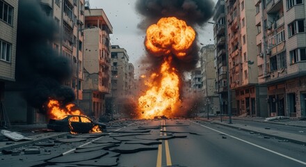 Obraz premium Urban Destruction Massive Explosion and Fire in City Street, Damaged Buildings, Burning Car