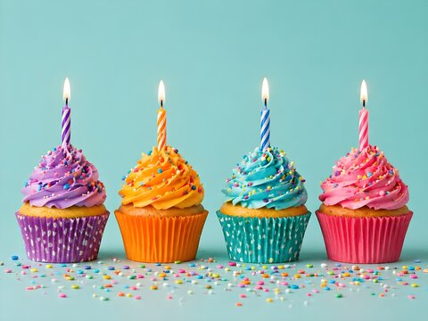 Bunte Geburtstags-Cupcakes mit Kerzen auf Tortenst&auml;nder