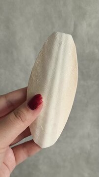 White cuttlefish shell in hand close-up. A source of calcium for birds, reptiles. Sepia