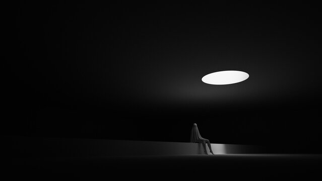 Ghost White Floating Phantom Spirit Apparition in Dark Void with Dramatic Spotlight Eerie Minimalist Atmosphere 3D Illustration