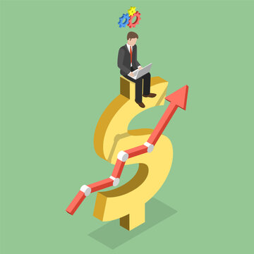 3D Isometric Flat Vector Illustration of Revenue Increase, Businessman Increasing Wealth Through Financial Analysis On Laptop With Rising Dollar Graph.