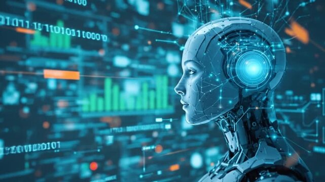 a stunning futuristic illustration of the side profile of a humanoid robot, often referred to as a cyborg, immersed in a complex digital data environment.