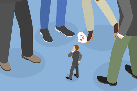 3D Isometric Flat Vector Illustration of Feel Small, Businessman Surrounded By Giant MenS Feet, Intimidation Concept