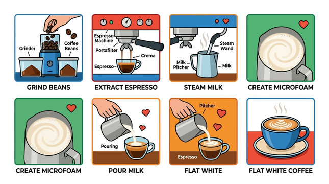 Discover the step-by-step guide to crafting a perfect flat white coffee, showcasing the entire process from bean to cup.