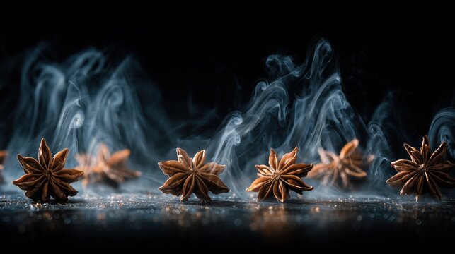 Star anise pods arranged in a line with swirling smoke in a dark background. The scene highlights the aromatic spice and its unique star shape.
