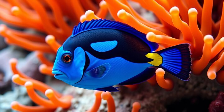Vibrant blue damselfish playfully interacts with orange sea anemone tentacles, reef, sea